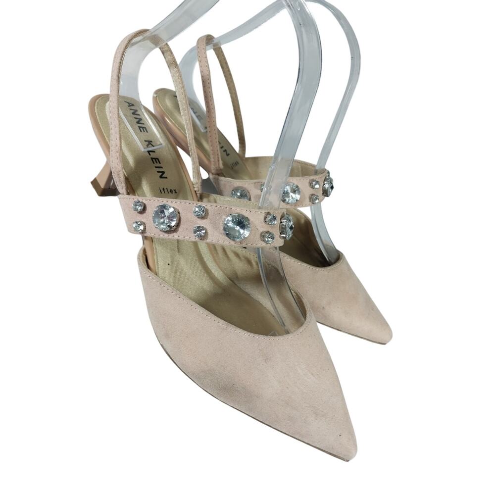 ANNE KLEIN! I-FLEX TAN/BEIGE VEGAN SUEDE LEATHER, RHINESTONE STRAP HEELS! 8.5M